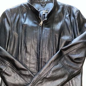 Black leather jacket from Wilson’s leather with zippers on the arms